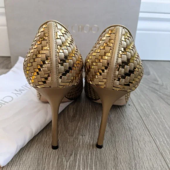 Jimmy Choo Romy 85 Gold Mix Woven Metallic Fabric Pointy Toe Pump Sz/ 8.5 - Picture 13 of 15